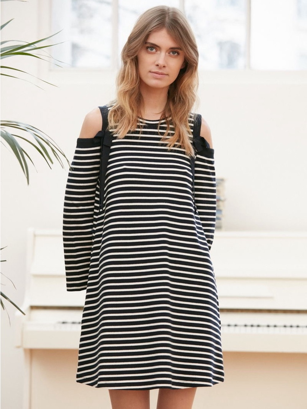 Claudie Pierlot Troop Striped Cold-Shoulder Dress in Navy and White Size 1